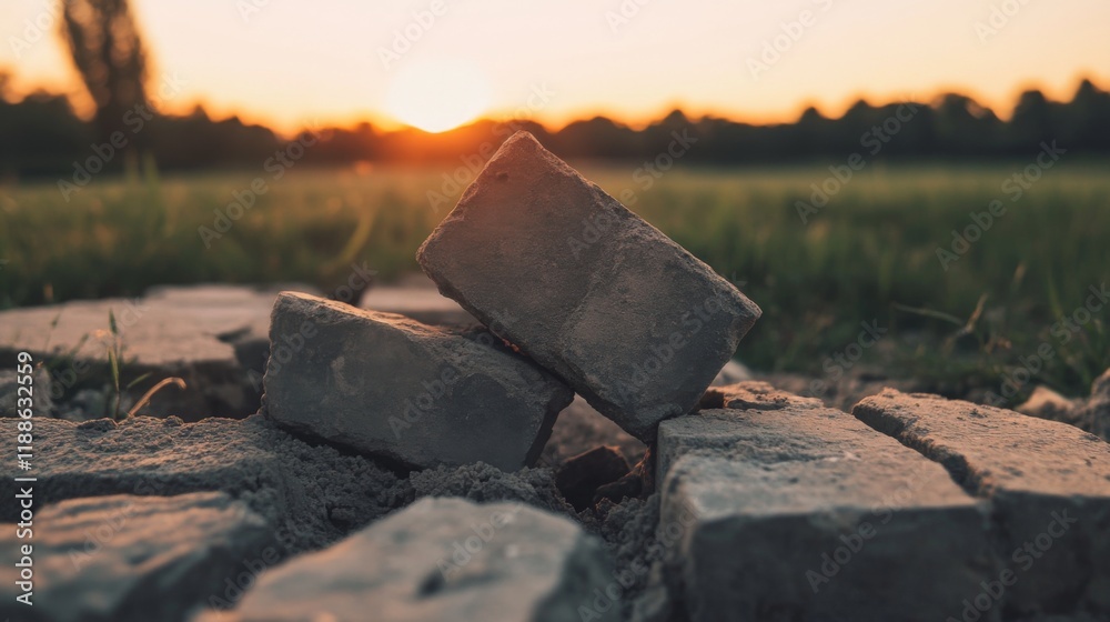 Two grey paving stones balanced on others at sunset.
