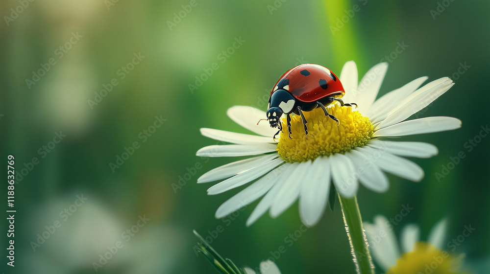 Red Ladybug on Chamomile Flower in Spring Garden Scene Red Ladybug on Chamomile Flower in Spring Garden Scene