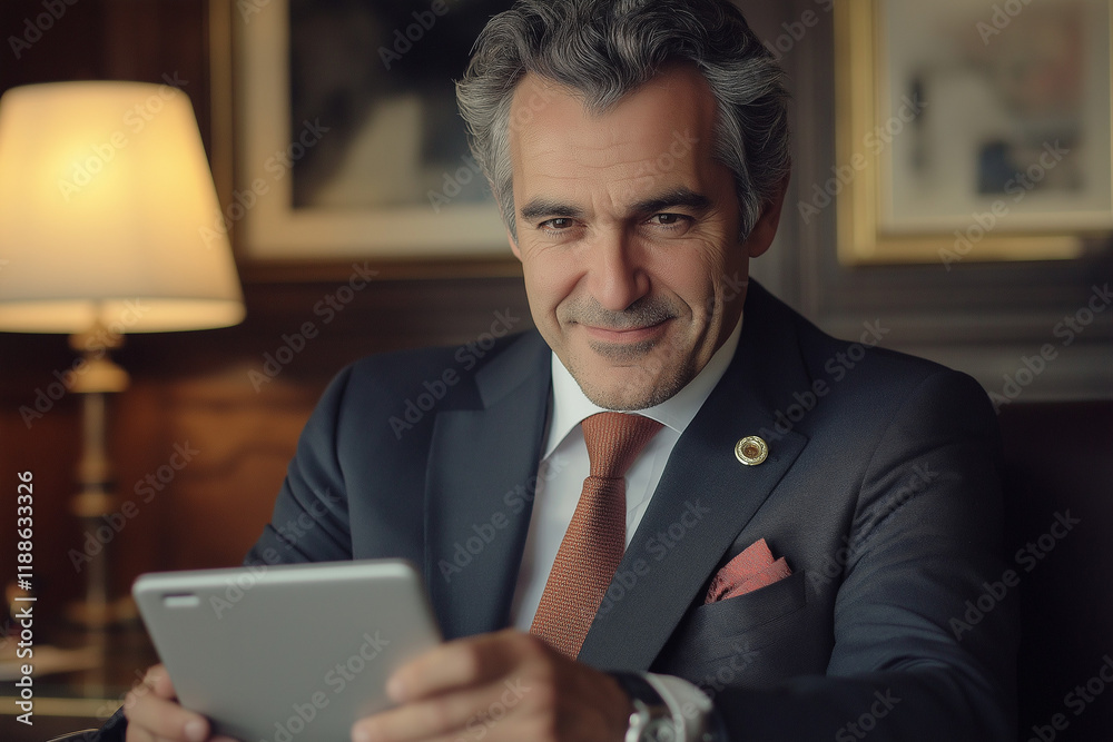 Happy middle aged businessman, CEO, in suit at office using digital tablet. Smiling professional executive manager and business professional looking away thinking about working with technology devices Happy middle aged businessman, CEO, in suit at office using digital tablet. Smiling professional executive manager and business professional looking away thinking about working with technology devices