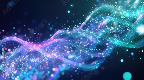 Wallpaper Mural Futuristic energy waves in motion vibrant pink, blue, teal light trails forming dynamic flowing pattern on dark background. Sparkling dots of light enhance the ethereal and high-tech aesthetic.
 Torontodigital.ca