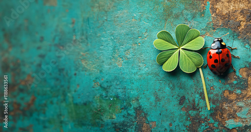 A vibrant ladybug perches on the edge of an emerald green four-leaf clover against a rustic backdrop. This charming St. Patrick's Day theme represents luck and natural beauty.