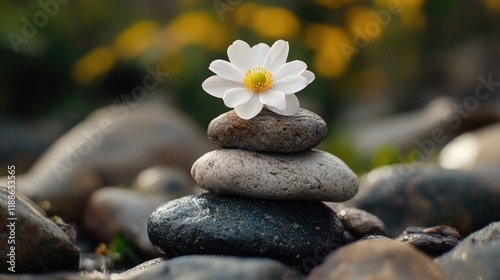 Simple Pleasures: Zen Rock Stack with Flowering Flower