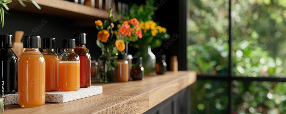 Aromatic Essential Oils in Bottles on Wooden Shelf Spa Setting Natural Products Aromatic Essential Oils in Bottles on Wooden Shelf Spa Setting Natural Products