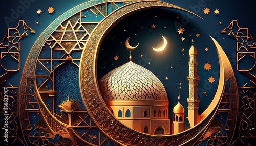 A crescent moon embracing a mosque dome, surrounded by Islamic geometric ornaments