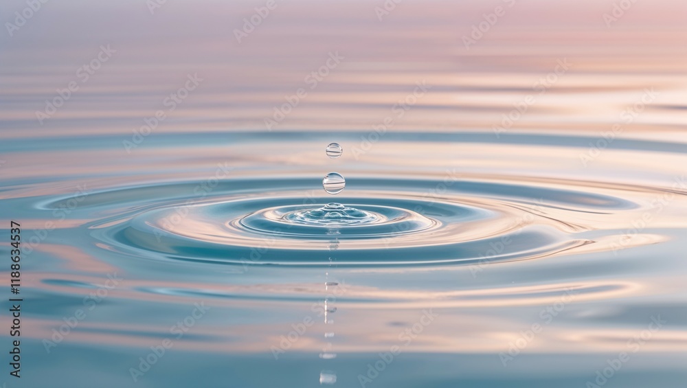Crystal-clear water droplets splash and ripple on the blue surface, creating abstract circles of motion Crystal-clear water droplets splash and ripple on the blue surface, creating abstract circles of motion