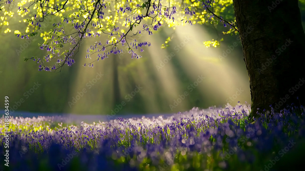 Obraz premium Serene Woodland Field Carpeted with Bluebells in Dorset England