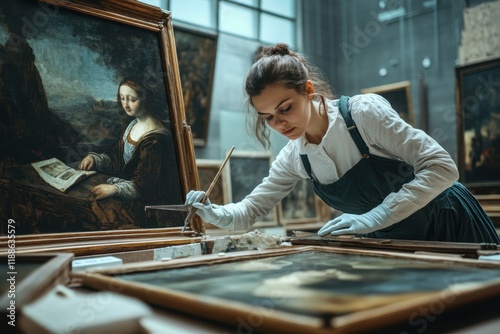 Restoration expert working on historical paintings in a museum gallery during daylight