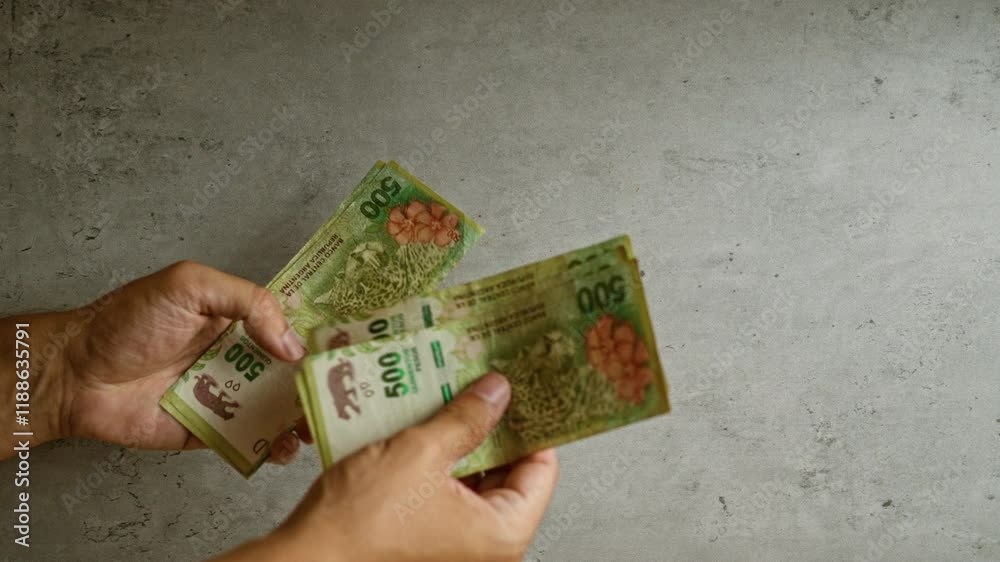 Man hands counting argentinian peso banknotes against a concrete background, highlighting fingertips and currency details with a subtle texture.
