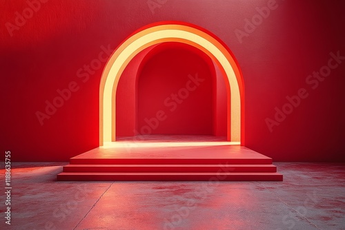 High - Quality 3D Render of Geometric Shape Podium on Red Background with Paper Art Style and Minimalist Composition photo