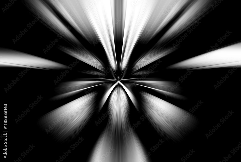 Fototapeta premium Abstract surface of radial blur zoom in monochrome tones. Dark Haunting black-white background with radial, diverging, converging lines.