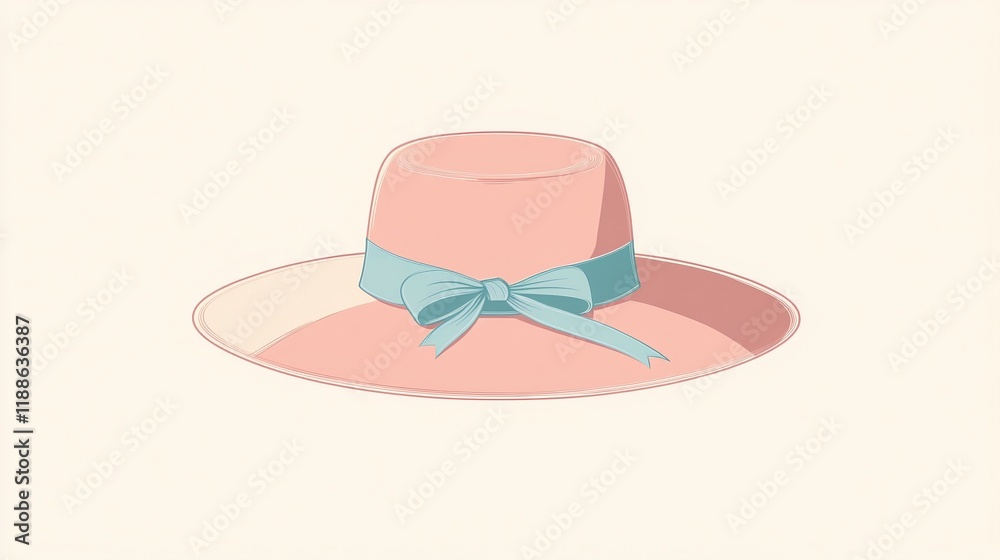 A minimalist vector illustration of a wide-brimmed hat, centered on a pastel cream background. The hat is soft pastel pink with a thin pastel blue ribbon tied around the crown in a simple bow. The edg A minimalist vector illustration of a wide-brimmed hat, centered on a pastel cream background. The hat is soft pastel pink with a thin pastel blue ribbon tied around the crown in a simple bow. The edg