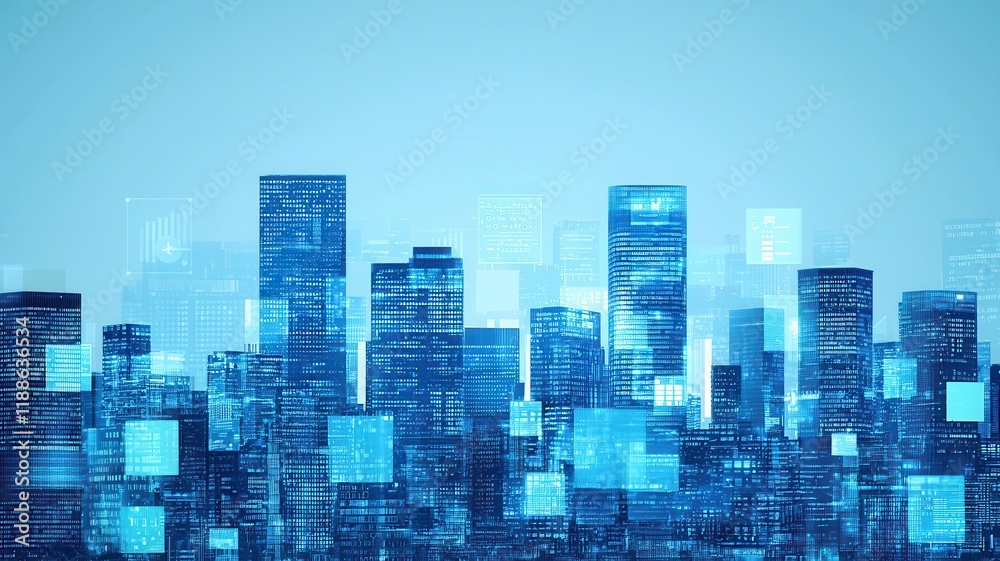 Obraz premium Futuristic Smart Cityscape Digital Overlay on Modern Skyscrapers at Night