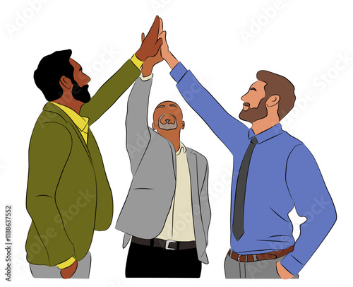 Businessmen team celebrate success in work collaboration together, giving high five. Unity and support between colleagues concept. Colored line art vector illustration on white background.