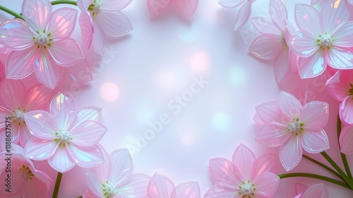 Floral frame with flowers shimmering holographic glares on pastel background, greeting cards, advertising, promotions, flower shops, events, Copy space.