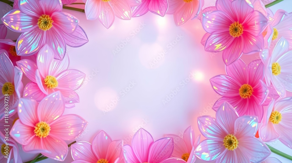  Floral frame with flowers shimmering holographic glares on pastel background, greeting cards, advertising, promotions, flower shops, events, Copy space.