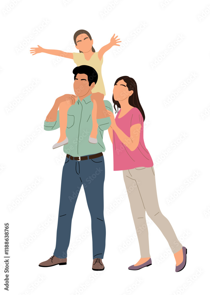 Man holding a child on his shoulders while a woman walks behind them. Concept of family togetherness and love. Vector illustration isolated on white background Man holding a child on his shoulders while a woman walks behind them. Concept of family togetherness and love. Vector illustration isolated on white background