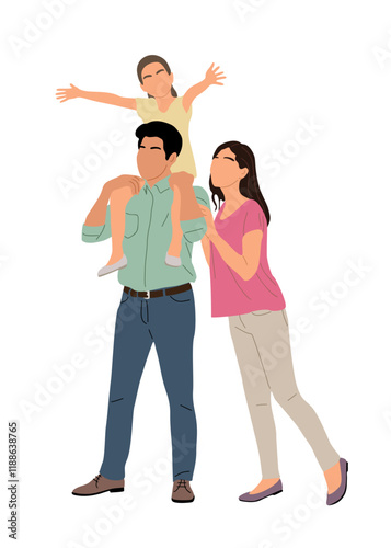 Man holding a child on his shoulders while a woman walks behind them. Concept of family togetherness and love. Vector illustration isolated on white background
