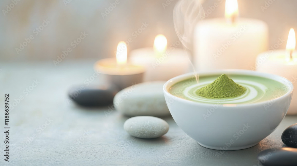 Aromatic matcha tea with candles and stones in serene setting Aromatic matcha tea with candles and stones in serene setting