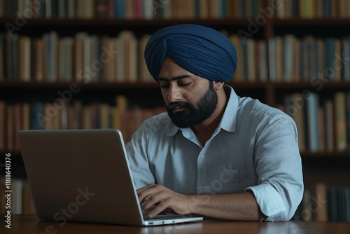 Indian man working on laptop library environment closeup shot professional context