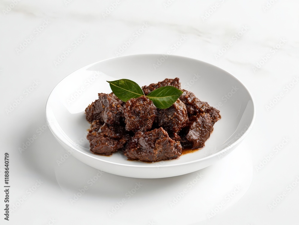A delicious serving of Minangkabau-style rendang, dark and caramelized beef cooked in spices and coconut milk, styled on a classic white plate, with a clean white background, ultra-detailed food photo A delicious serving of Minangkabau-style rendang, dark and caramelized beef cooked in spices and coconut milk, styled on a classic white plate, with a clean white background, ultra-detailed food photo