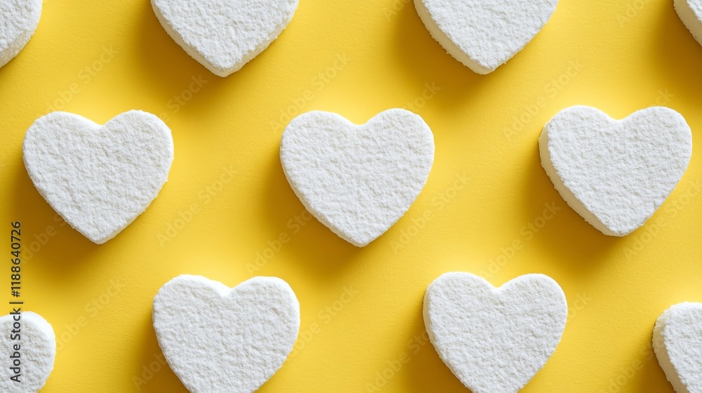 Obraz premium White Heart Shapes on a Butter Yellow Background, Valentine s Day Concept, Romantic Pattern