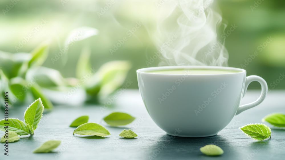 Steaming cup of green matcha with fresh leaves on table Steaming cup of green matcha with fresh leaves on table