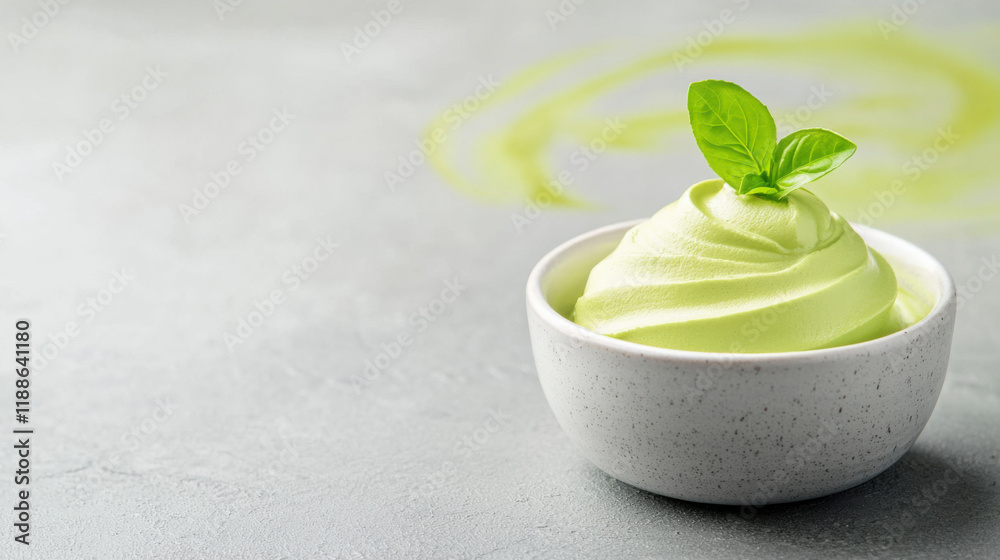 Creamy green matcha dessert with mint garnish in white bowl Creamy green matcha dessert with mint garnish in white bowl
