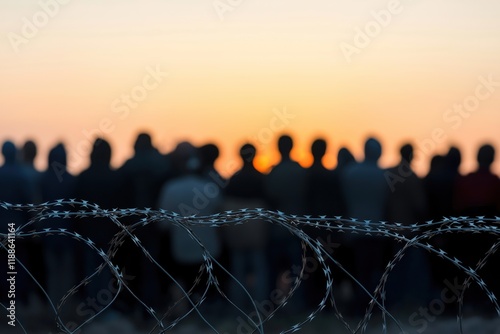 Silhouette of large group of people behind barbed wire fence. Sunrise sunset creates backlit effect. Group facing away from camera. Suggests refugees immigrants at border. Images capture desperation, photo