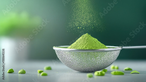 Green matcha powder falling into sieve on green background