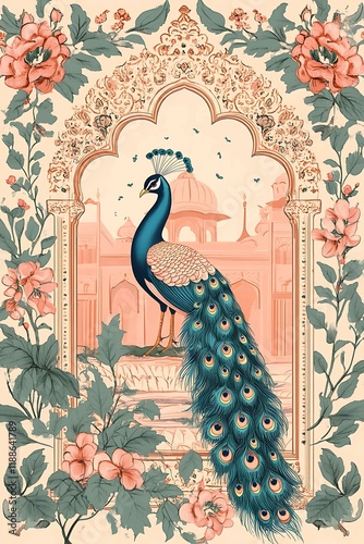 Exotic indian motif frame featuring a majestic peacock in floral surroundings artistic design photo