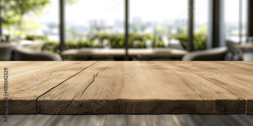 Wooden board empty table top mockup on of blurred background of restaurant interior. Template with copy space for montage, copy space