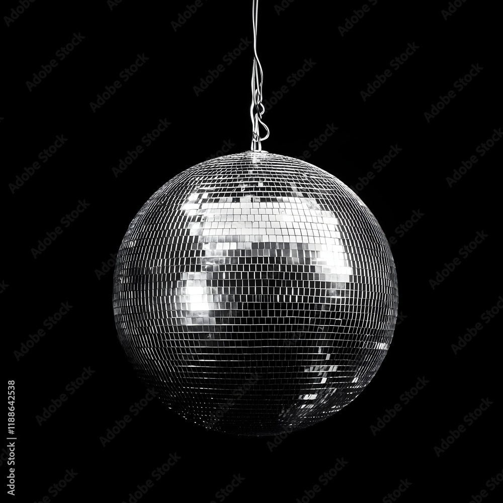 Obraz premium Shiny Disco Ball Reflecting Light on Black Background - Retro Party Vibes, Nightclub Decor, and Dance Floor Atmosphere