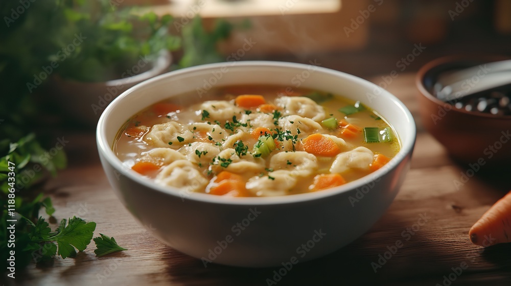 Delicious homemade dumpling soup with carrots Delicious homemade dumpling soup with carrots