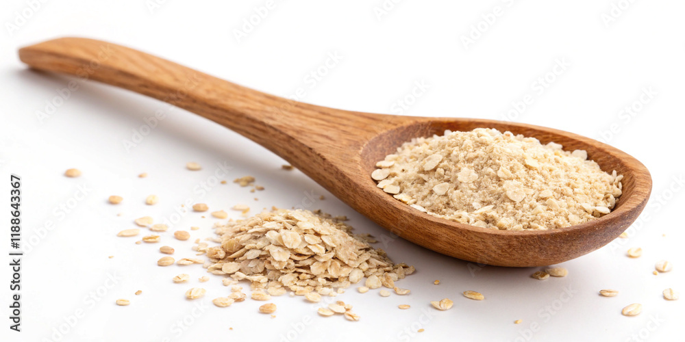 A Wooden Spoon with Oatmeal Isolated on a White Background for Healthy Culinary Use A Wooden Spoon with Oatmeal Isolated on a White Background for Healthy Culinary Use