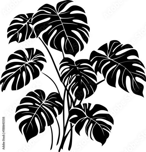 Monstera deliciosa silhouette vector icon displaying dramatic, glossy split leaves casting striking tropical shadow against crisp white surface