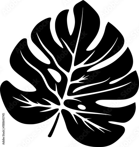 Dark tropical vector logo leaf monstera silhouette creating a jungle feeling, ideal for exotic icon element backgrounds, botanic pattern, or nature inspired designs