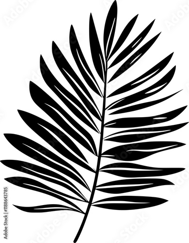 Black silhouette tropical vector icon revealing delicate exotic fern leaf palm veining, contrasting sharply against pristine white background