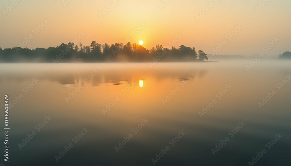 Fototapeta premium Misty Sunrise over a Calm Lake with Silhouette Trees