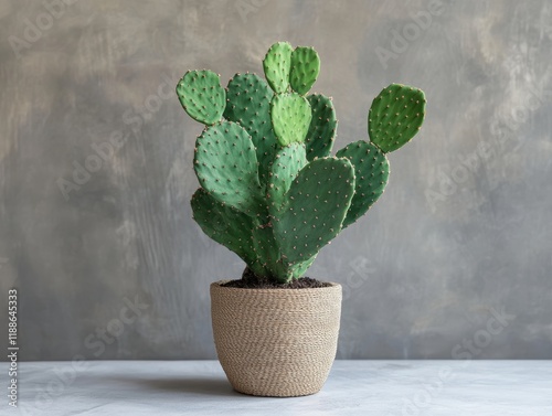 High fidelity close-up of angel wing cactus in bamboo fiber pot eco-friendly indoor display
