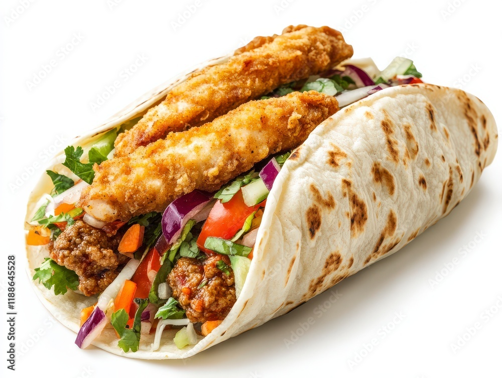 A large soft taco with mixed vegetables and ground beef on the inside, with chicken fingers on top of it, in front view, side perspective, high resolution. A large soft taco with mixed vegetables and ground beef on the inside, with chicken fingers on top of it, in front view, side perspective, high resolution.