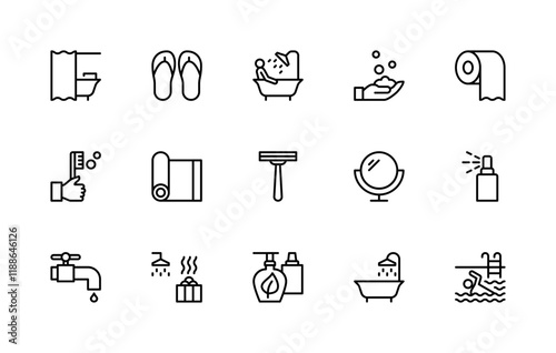 Showering and bathing related vector linear icons set. Isolated icon collection such as bath, slippers, razor, shower and more.