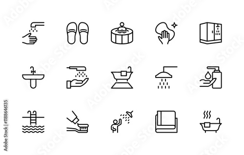 Showering and bathing related vector linear icons set. Contains such icons as shower, water, hand, antiseptic and more.