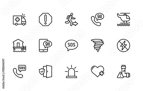 Emergency situations vector linear icons set. Isolated icon collection such as ambulance, evacuation, 911, emergency alarm and more.