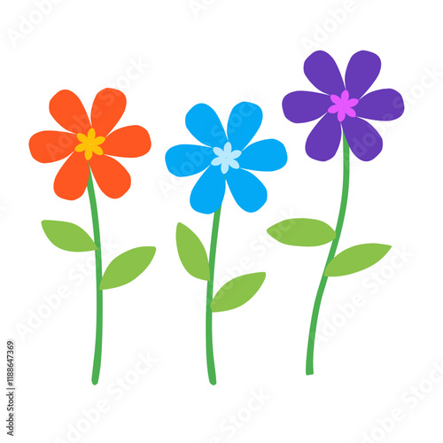 Cartoon design of three colorful flowers and stems