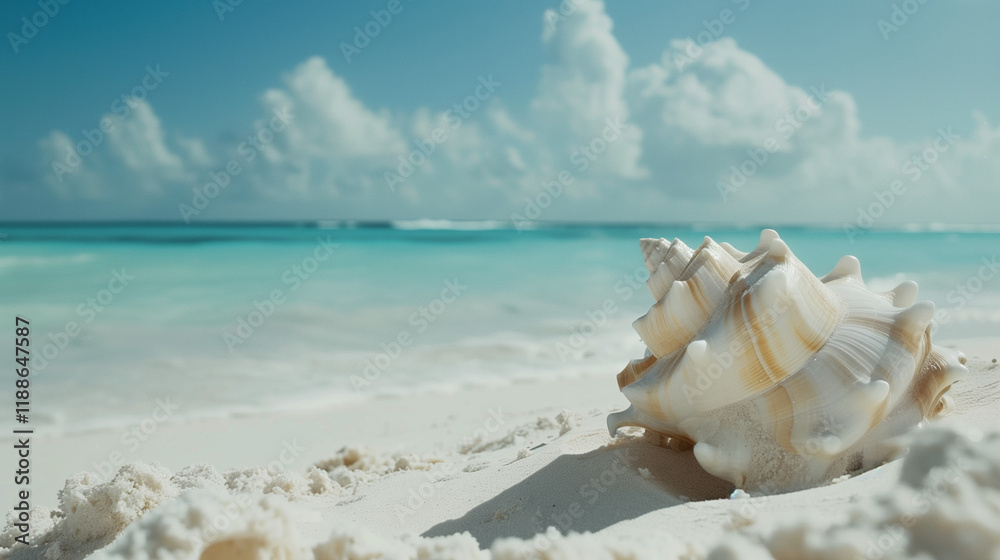 Close-up Conch Shell on Sandy Beach with White Background, Macro and Slow Motion Aesthetics. Natural Seashell Texture and Oceanic Elegance. Close-up Conch Shell on Sandy Beach with White Background, Macro and Slow Motion Aesthetics. Natural Seashell Texture and Oceanic Elegance.