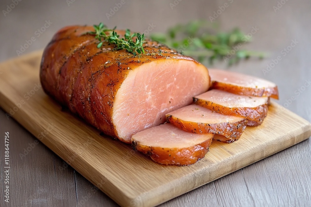 Savory sliced ham garnished with fresh thyme on a wooden cutting board in natural light Savory sliced ham garnished with fresh thyme on a wooden cutting board in natural light