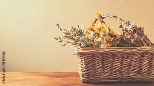 A Delicate Arrangement of Dried Flowers in a Wicker Basket: A Rustic and Elegant Home Decor Piece