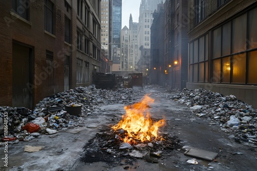 Fototapeta Naklejka Na Ścianę i Meble -  A wide-angle shot with sharp focus on a small fire burning trash in an alley, with blurred urban high-rises looming in the distance. 
