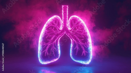 Glowing neon lungs in pink and blue smoke.