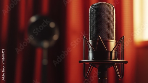 Close-up of a professional condenser microphone in a recording studio with a blurred background. photo